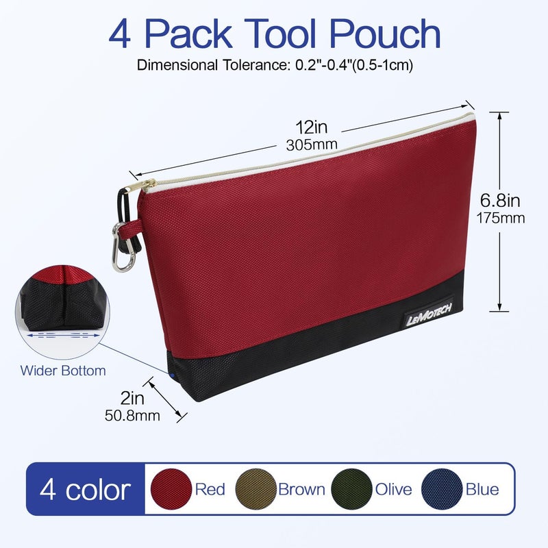 LeMotech Zipper Tool Bag, Stand-Up Tool Pouch with Carabiners,Utility Bag,Water Resistant Storage Bag,12x6.8-Inch Red/Brown/Blue/Olive 4 Pack - Image 4